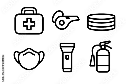 Essential Safety Gear Icons. Portable Safety Equipment linear icon set: compact first-aid kit, emergency whistle, reflective band, pocket flashlight, safety mask, mini fire