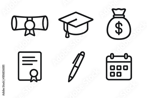Education Funding Icons. Education Funding linear icon set: diploma, graduation cap, money bag, document, pen, calendar