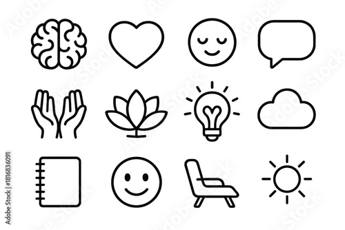 Mental Health Icons. Mental Health linear icon set. brain, heart, calm face, chat bubble, hands, lotus flower, light bulb, cloud, notebook, smile, therapist chair, sun.