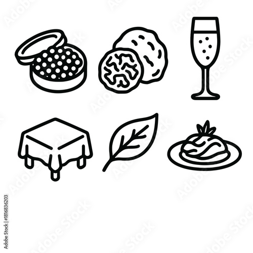 Elegant Dining Icons. Luxury Cuisine linear icon set: caviar tin, truffle, champagne flute, gold leaf, tablecloth, signature dish