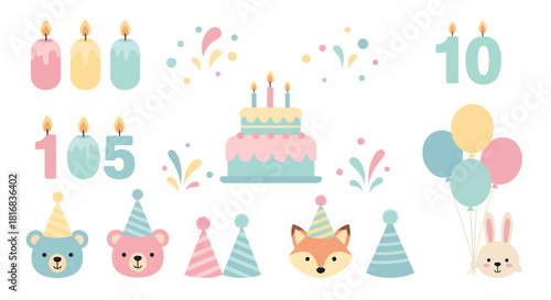 Cute birthday celebration elements including cake, candles, balloons, animals, and confetti