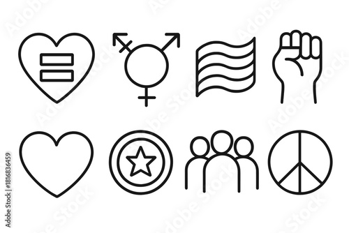 Inclusive Pride Icons. Inclusive Pride Symbols linear icon set: equality heart, gender spectrum icon, rainbow wave, solidarity hand, open heart, pride badge, diverse silhouettes