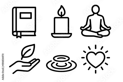 Icons of Renewal. Personal Renewal linear icon set. journal, candle flame, yoga pose, water ripple, leaf in hand, heart glow