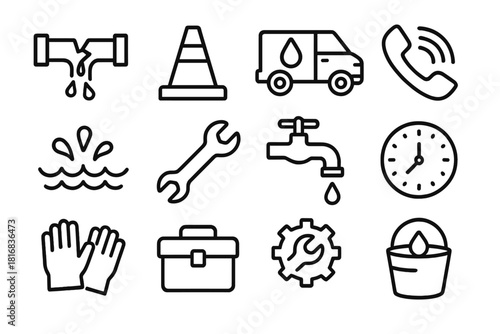 Plumbing Emergency Icons. Emergency Plumbing linear icon set: burst pipe, warning cone, plumber van, phone icon, water splash, wrench, dripping tap, clock, gloves, toolbox, repair