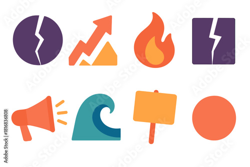 Vibrant Icon Assembly. Defiant Motion flat icon set: cracked emblem, rising arrow, bold flame, split stone, loud call symbol, disruptive wave, protest card, fierce dot
