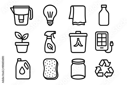 Eco-Friendly Essentials Icons. Sustainable home items linear icon set. water filter, LED bulb, cloth towel, glass bottle, plant pot, eco cleaner spray, compost bin, solar charger