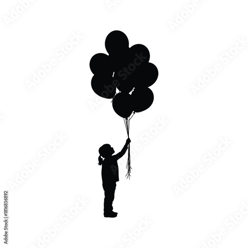 Child holding bunch of balloons silhouette