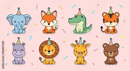 Cute cartoon baby animals wearing party hats and confetti, celebrating a birthday or special occasion
