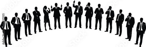 Silhouetted business professionals in semi-circle, formal attire, mobile communication, corporate teamwork, leadership concept, professional interaction, white background, strategy