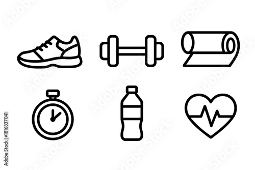 Active Lifestyle Icons. Active Lifestyle linear icon set: running shoes, dumbbell, yoga mat, stopwatch, water bottle, heart pulse