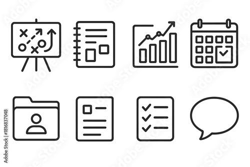 Strategy Development Tools. Team Strategy Development Tools linear icon set: whiteboard, notebook, sticky notes, chart panel, calendar, resource folder, checklist, communication