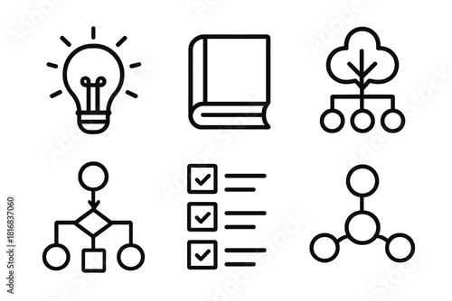 Educational Infographic Icons. Educational Infographics Set linear icon set: lightbulb idea, book icon, concept tree, process flow, checklist, diagram node