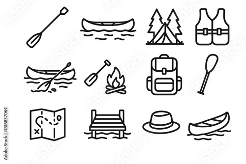 Canoeing Icon Set. Canoeing linear icon set: paddle, canoe, life jacket, calm river, water splash, oar blade, campsite, backpack, map, dock, hat, floating canoe