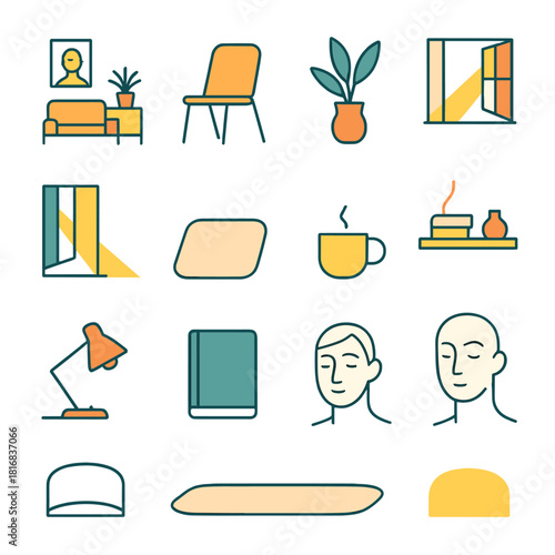 Minimalist Modern Serenity. Minimalist living flat icon set: clean room, single chair, potted plant, open window, sunlight beam, neutral rug, cup, shelf, lamp, notebook, calm face