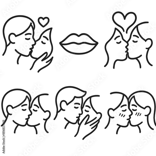 Romantic Icon Set. Romantic Kiss Set linear icon set: two faces near, heart swirl, soft lips shape, gentle touch hand, blush symbol, closeness outline