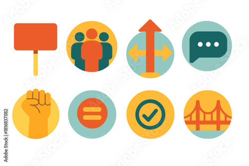 Labor Rights Icons. Labor Day Labor Rights Awareness Advocacy flat icon set: protest sign, unity crowd, raised hand, fairness arrow, message bubble, equality symbol, spotlight