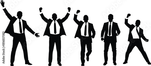 Silhouetted business professionals celebrating success, dynamic victory poses, formal attire, motivation concept, leadership energy, achievement, teamwork, white background, confidence