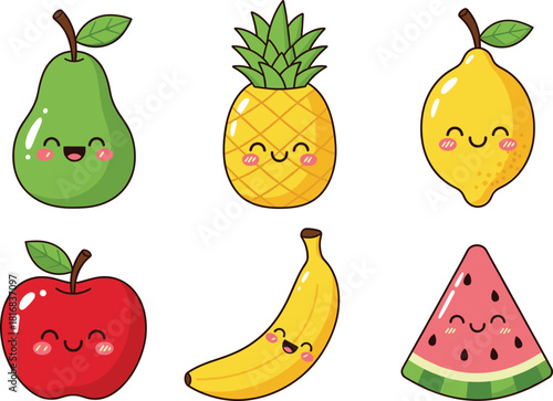 Cute smiling fruit cartoon vector set featuring pear, pineapple, lemon, apple, banana, and watermelon characters in bright colorful kawaii style.