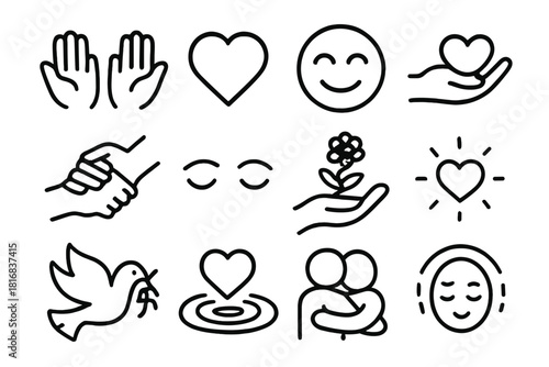Symbols of Compassion. Compassion Symbols linear icon set. open hands, heart icon, warm smile, caring gesture, helping hand, gentle eyes, flower offering, soft light, peace dove