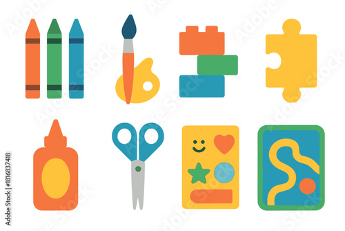Creative Play Essentials. Creative Play Activities Essentials flat icon set: crayons, paintbrush, building blocks, puzzle piece, craft glue, scissors, sticker sheet, play mat