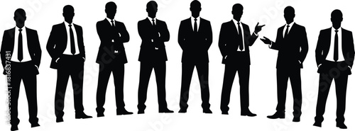 Silhouettes of confident businessmen in suits standing together, professional men team discussing ideas, corporate leadership concept on white background