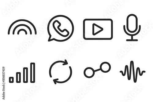 Communication Icons Outline. Real-Time Communication linear icon set: live signal icon, call bubble, video window, mic symbol, latency bar, sync arrows, connection dot, streaming
