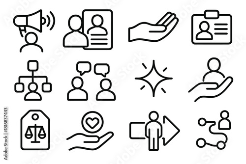 Patient Advocacy Icons. Patient Advocacy Roles Pack linear icon set: advocate symbol, patient profile, help gesture, documentation card, care map, communication icon, clarity spark