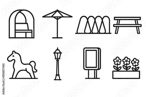Community Space Icons. Community interaction spaces objects linear icon set: seating pod, shade umbrella, bike rack, community table, play sculpture, street lamp, info kiosk