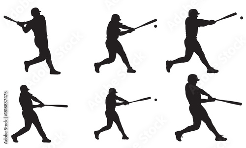 Collection of six baseball player silhouettes in various batting poses silhouette