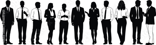 Silhouettes of diverse business professionals, men and women in formal attire, corporate team, leadership concept, networking, communication, white background