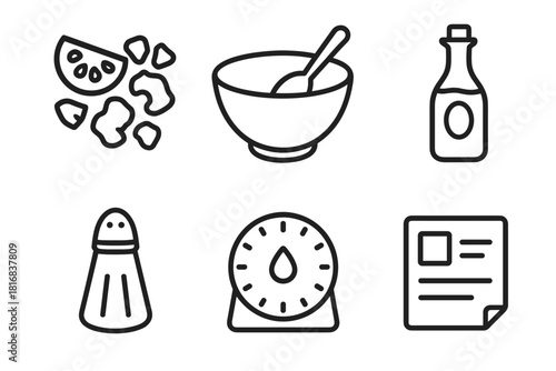 Kitchen Essentials Icons. Cooking Prep Set linear icon set: chopped veggies, mixing bowl, oil bottle, salt shaker, timer, recipe card