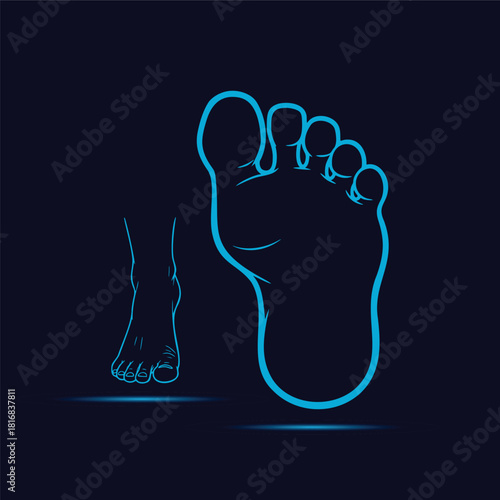 Blue Neon Outlines of Human Feet Displayed on a Dark Background Illustrating Detailed Anatomical Views of the Sole and Ankle for Podiatry Health and Digital Medical Concepts Vector Graphic I