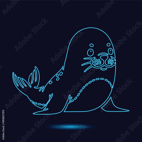Bright Blue Glowing Neon Style Outline Vector Illustration of a Charming Sea Animal Seal Lying Down on a Deep Dark Background Representing Aquatic Wildlife and Futuristic Design