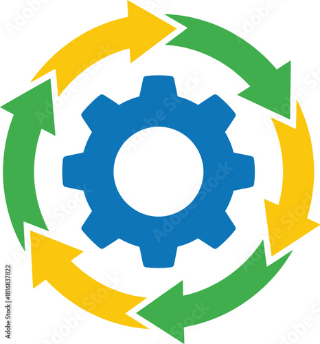 Colorful circular arrows rotating around a blue gear representing process and innovation on transparent background