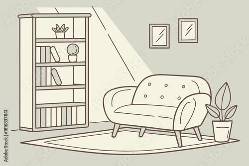 Minimalist living room interior with cozy armchair and bookshelf under sunlight home comfort