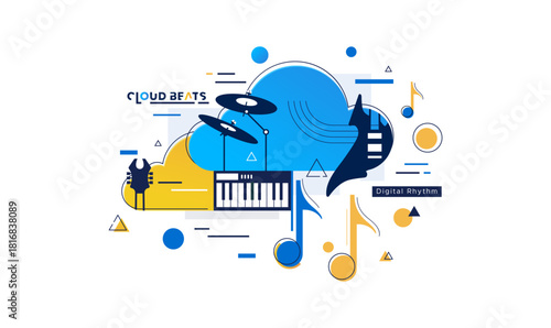 A vibrant, modern flat design concept of "Cloud Beats" and "Digital Rhythm." It features a keyboard, cymbals, musical notes, and abstract shapes, symbolizing the fusion of technology and sound.