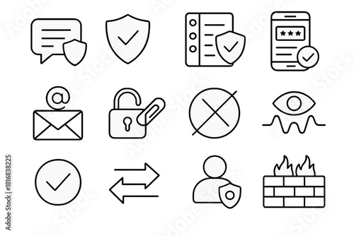 Secure Communication Icons. Safety-Centric Communication linear icon set: shielded dialogue box, trust seal, secure contact list, privacy filter screen, verified sender icon