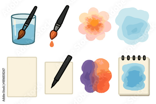 Watercolor Tools Collection. Watercolor Illustration Set flat icons set. paintbrush in water, dripping color, blooming effect, light wash, paper texture, fine liner, pigment blend
