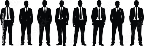Silhouettes of eight businessmen standing in formal suits, isolated on white background, corporate team, leadership, professional office group