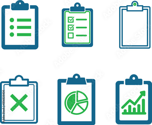 Collection of clipboard icons representing various tasks including list making checklist data analysis rejection and blank documents for planning and organization in business