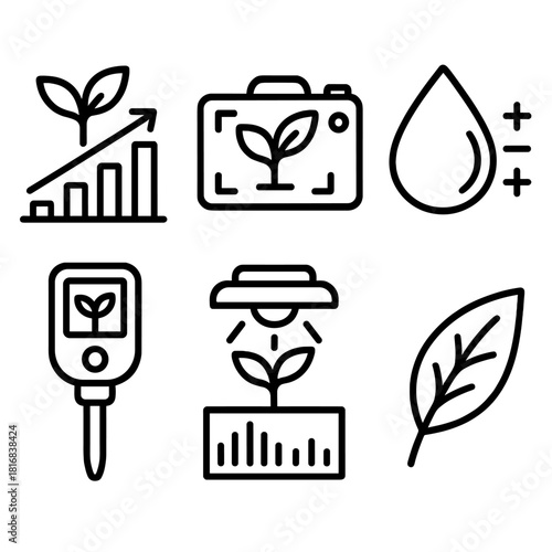 Plant Monitoring Icons. Plant Monitoring linear icon set. growth chart, camera sensor, nutrient level icon, pH meter, light spectrum, plant leaf