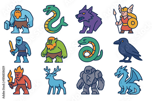 Nordic Mythical Beast Icons. Nordic mythical beasts flat icon set: frost giant, sea serpent, fenrir wolf, valkyrie, draugr, troll, world serpent, raven, fire giant, spirit deer