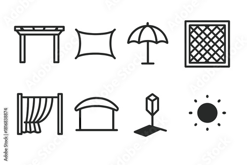 Open-Air Shade Icons. Open-Air Shade Elements linear icon set: pergola beam, canopy cloth, umbrella arc, mesh panel tile, shade frame, cooling drape, garden shadow marker, comfort