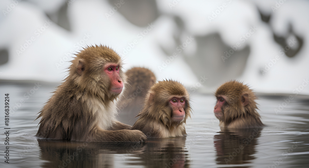 Naklejka premium Engaging Japanese macaque snow monkeys relaxing together in a hot spring spa