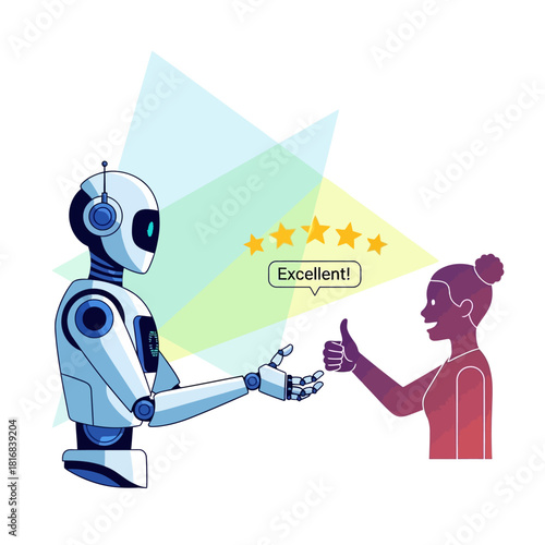 A robot receiving excellent feedback and a thumbs-up from a satisfied person, symbolizing positive human-AI interaction.
