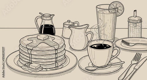 Detailed black and white line drawing of a breakfast spread with pancakes, coffee, and juice.