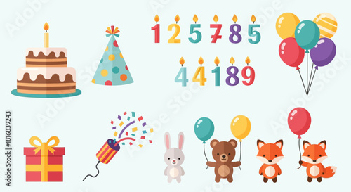 Collection of birthday party elements cake, balloons, candles, gift, party hat, confetti popper, cute animals, and festive decorations