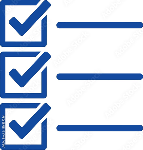 Three blue checkboxes with checkmarks and horizontal lines a simple graphic on transparent background