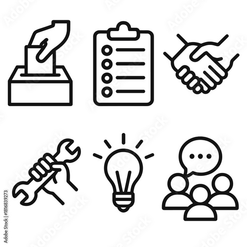 Participation Icons Grid. Participation Actions linear icon set: voting slip, sign-up sheet, collaborative gesture, shared tool, idea spark, group chat icon
