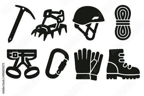 Brutalist Climbing Gear Icons. Essential Gear silhouette icon set: ice axe, crampons, helmet, rope, harness, carabiner, gloves, boots